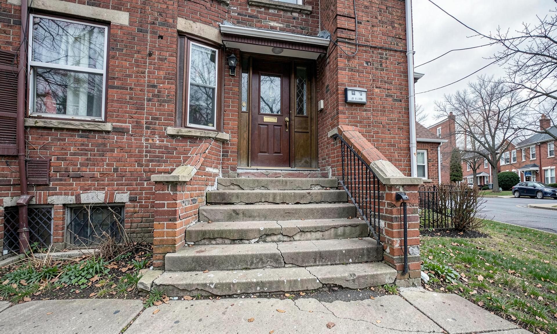 Cracked and uneven concrete front steps on a Toronto-style brick home